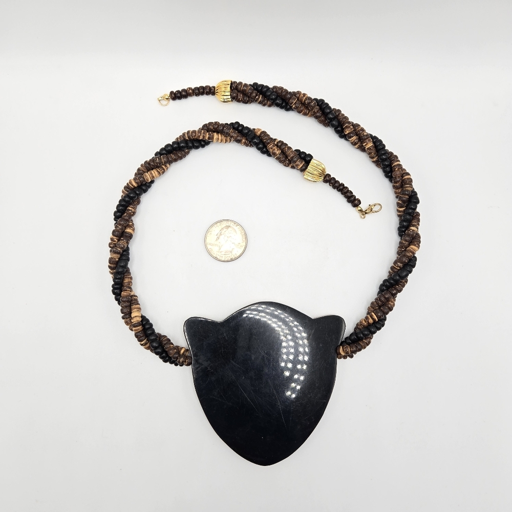 Cheetah Pendant Necklace Inlay Beaded Coconut Mother Of Pearl Boho Bohemian Vtg - Picture 3 of 4